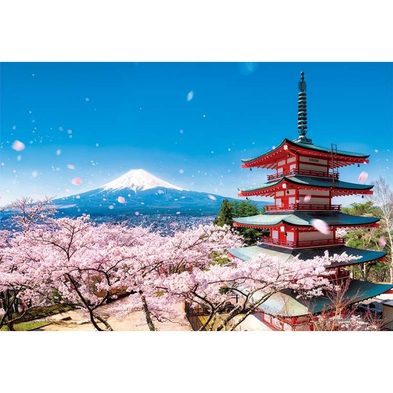 Yanoman 01-2092 Jigsaw Puzzle Mount Fuji and Dancing Cherry Blossom Petals at Five-storied Pagoda (Yamanashi) (108 Pieces)