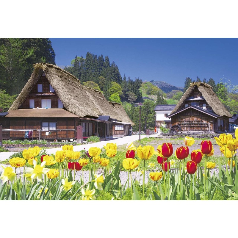 Yanoman Jigsaw Puzzle 03-886 Tulips & Thatched-roofed House Gifu Japan (300 Pieces)