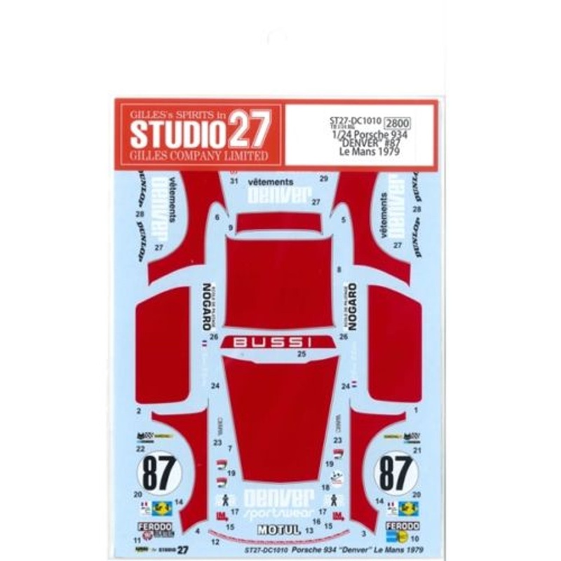 Studio27 ST27-DC1010 Porsche 934 DENVER #87 Le Mans 1979 Decal for Tamiya 1/24