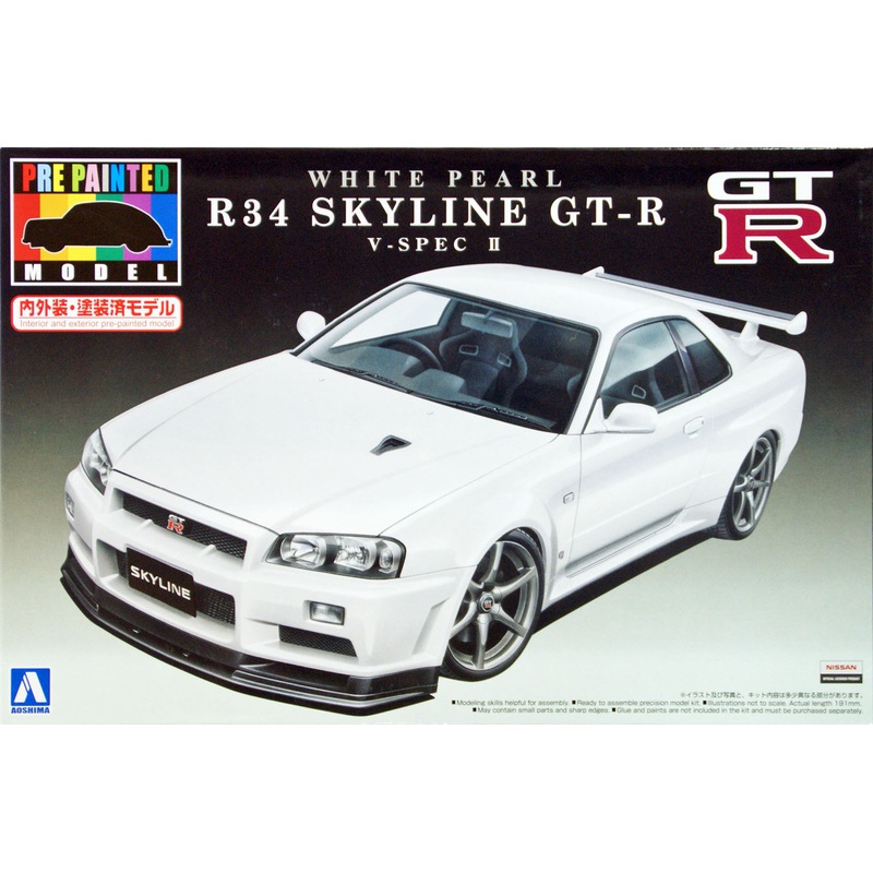 Aoshima 08607 Nissan R34 Skyline GT-R V-Spec II White Pearl 1/24 Pre-painted kit