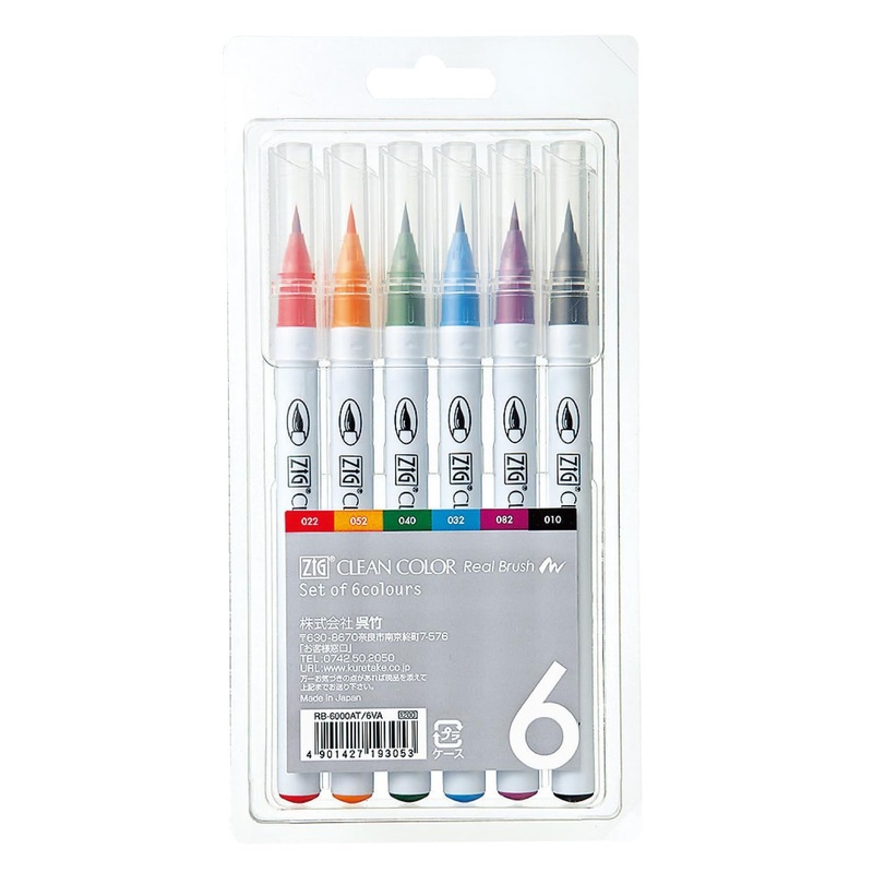 Kuretake Zig Clean Color Real Brush 6 Color Brush Pen Set RB-6000AT/6VA