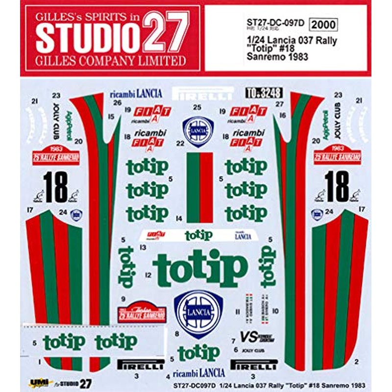 Studio27 ST27-DC097D Lancia 037 Rally `Totip` #18 Sanremo 1983 for Hasegawa 1/24 Scale