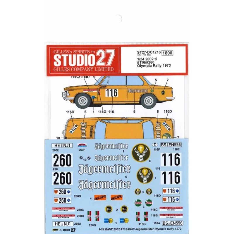 Studio27 ST27-DC1216 2002 ti #116/#260 “Jagermeister” Olympia Rally 1973 Decal for Hasegawa 1/24 Scale